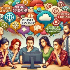 Grupa ludzi dyskutuje o tym, czy ustawa o cenzurze internetu faktycznie pozwoli urzędnikom blokować wpisy, podczas gdy chmury myśli symbolizują wolność słowa i cenzurę.