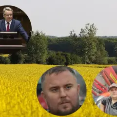 Kto stoi za projektem ustawy o rzeczniku praw rolników i ile to będzie kosztować? Na zdjęciu polityk i dwaj rolnicy na tle kwitnącego rzepaku.