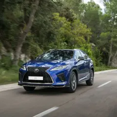 Niebieski Lexus RX 450h jedzie po krętej drodze wśród zieleni.