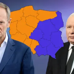 Donald Tusk i Jarosław Kaczyński na tle mapy Polski. Czy koalicja 15 października planuje wspólny start w wyborach lokalnych?