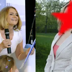 Dwie kobiety, jedna z mikrofonem, druga z czerwoną gwiazdą na twarzy.