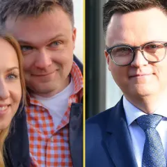 Szymon Hołownia z żoną i w garniturze.