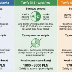 Porównanie taryf energii: G11 (stała), G12 (dzień/noc), G12w (weekendowa). Ukryte koszty transformacji energetycznej w nowych ustawach o odnawialnych źródłach mogą wpłynąć na te ceny.
