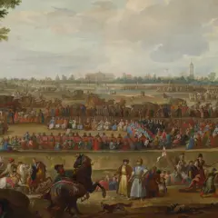Obraz przedstawia historyczną scenę elekcji króla Polski z licznym zgromadzeniem ludzi, namiotami i pałacem w tle.