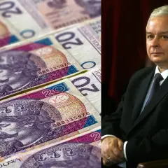 Polskie banknoty 20 zł i portret Jarosława Kaczyńskiego.
