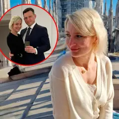 Kobieta z blond włosami na tle katedry. W okręgu para, która może być rodzicami. Nie wiadomo, ile dzieci ma Mentzen.