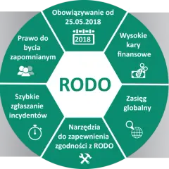 Grafika przedstawia schemat RODO z kluczowymi zasadami i obowiązkami, m.in. kary finansowe, prawo do bycia zapomnianym.