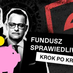 Portret mężczyzn z różową świnką-skarbonką i napisem "Fundusz Sprawiedliwości". Czy tak wygląda rozliczenie?