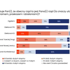 Wykres 7: Stopień utożsamiania się wyborców z rządem. Wyborcy KO w 23% utożsamiają się z rządem, co może wyjaśniać, dlaczego w sondażach wzrosła liczba niezdecydowanych wyborców Koalicji Obywatelskiej.