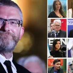 Grzegorz Braun w okularach i z brodą, obok kolaż zdjęć różnych osób.