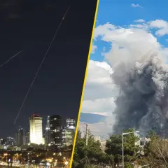 Prawda o kulisach ataku na Iran i przygotowaniach polskiego rządu na czarny scenariusz. Nocne niebo nad miastem rozświetlone smugami rakiet, obok kłęby dymu po eksplozji.