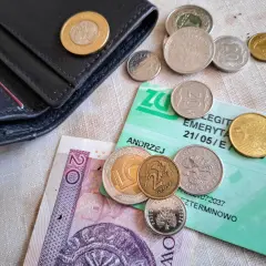 Portfel, polskie monety i banknot 20 zł na zielonej legitymacji emerytalnej. Dlaczego KO poparła reformę renty wdowiej mimo obaw o budżet?