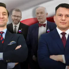 Konfederacja: prawdziwe powody dla których sprzeciwia się unijnemu systemowi kaucyjnemu. Politycy w garniturach na tle flagi Polski.