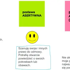 Grafika ilustruje postawy: uległą, asertywną i agresywną. Program "Asertywna Polska" promuje tę ostatnią, ucząc, kto stoi za nowym programem i jakie są jego główne założenia.