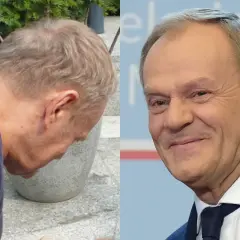 Dwa ujęcia Donalda Tuska. Na jednym widać jego profil, na drugim uśmiechniętą twarz. Kolor włosów jest jasny, lekko siwiejący.