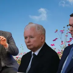 Przemysław Czarnek, Jarosław Kaczyński i Mateusz Morawiecki na tle kwiecistej łąki. Czy to właśnie Czarnek budzi emocje wewnątrz ugrupowania?