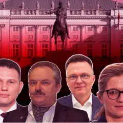 Sześciu polityków na tle Pałacu Prezydenckiego. Czy to oni są odpowiedzią na pytanie, dlaczego w sondażach aż 60 procent Polaków chce prezydenta niezależnego od partii?
