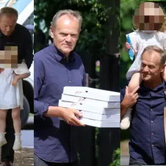 Donald Tusk z wnuczką na ramionach, niosący pizzę. Wnuki Donalda Tuska, ich imiona to Maja i Aleksander.