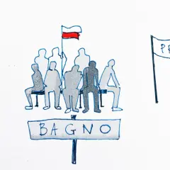 Rysunek przedstawia grupę ludzi siedzących między banerami "Lewica" i "Prawica", z tabliczką "Bagno" pośrodku.