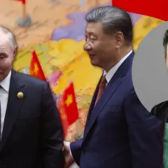 Krzysztof Bosak pyta, dlaczego debata o Chinach i Indiach jest ważniejsza niż o UE. Na tle mapy i flag Chin Putin i Xi Jinping.