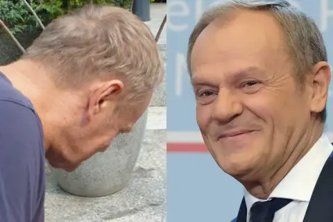 Dwa ujęcia Donalda Tuska. Na jednym widać jego profil, na drugim uśmiechniętą twarz. Kolor włosów jest jasny, lekko siwiejący.