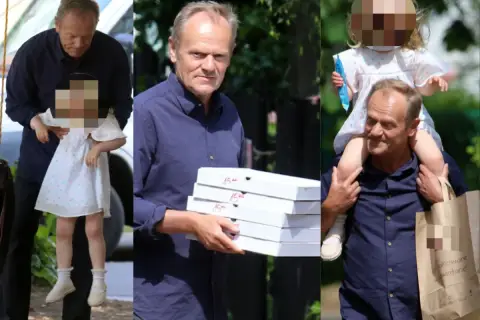 Donald Tusk z wnuczką na ramionach, niosący pizzę. Wnuki Donalda Tuska, ich imiona to Maja i Aleksander.