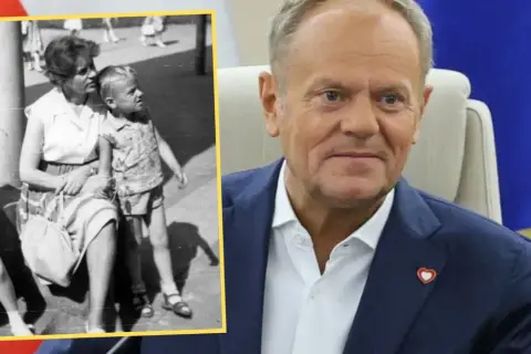 Młody Donald Tusk z matką na tle flagi Polski. Czy Tusk to polskie nazwisko? Tak, to polskie nazwisko.