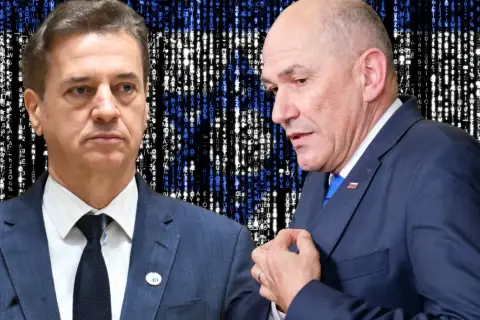 Dwóch mężczyzn w garniturach na tle kodu. Czy to symbolizuje, dlaczego w sondażach aż 88 procent wyborców chce zmiany prezesa partii?