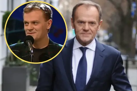 Młody Tusk z szansą na sukces, obok dojrzały polityk w garniturze.
