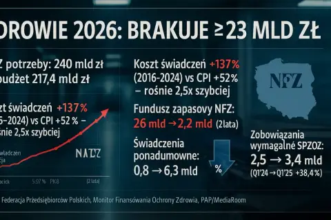 Budżet zdrowia 2026: brakuje 23 mld zł. PiS oskarża rząd o oszczędzanie na pacjentach, bo koszty świadczeń rosną 2,5x szybciej niż inflacja.