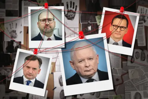 Śledztwo w sprawie: czy posłowie PiS będą musieli oddać pieniądze za prywatne loty służbowe? Na tablicy dowodowej zdjęcia polityków i tropy.