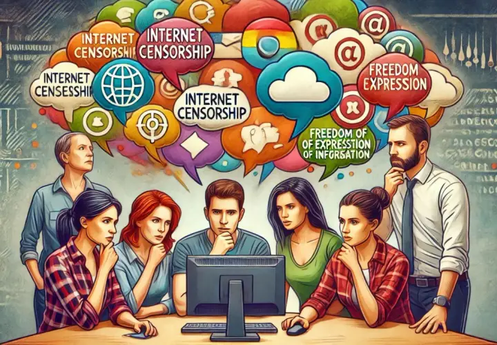 Grupa ludzi dyskutuje o tym, czy ustawa o cenzurze internetu faktycznie pozwoli urzędnikom blokować wpisy, podczas gdy chmury myśli symbolizują wolność słowa i cenzurę.