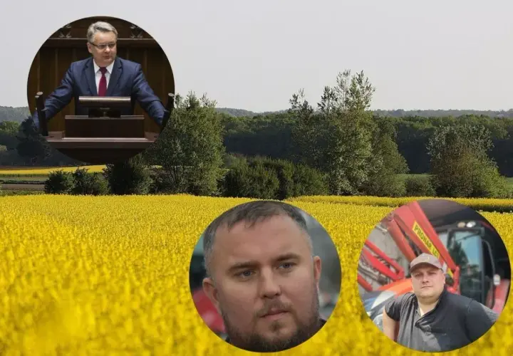 Kto stoi za projektem ustawy o rzeczniku praw rolników i ile to będzie kosztować? Na zdjęciu polityk i dwaj rolnicy na tle kwitnącego rzepaku.