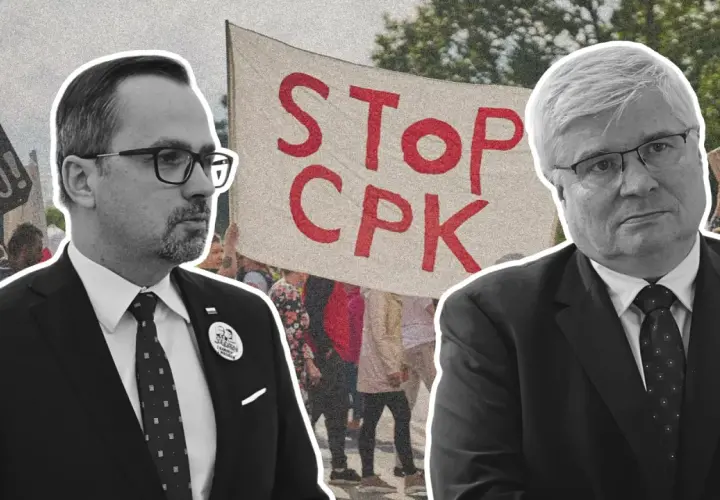 Dwóch mężczyzn w garniturach na tle transparentu "STOP CPK". Tło sugeruje kulisy afery z działką pod budowę CPK sprzedaną tuż przed oddaniem władzy.