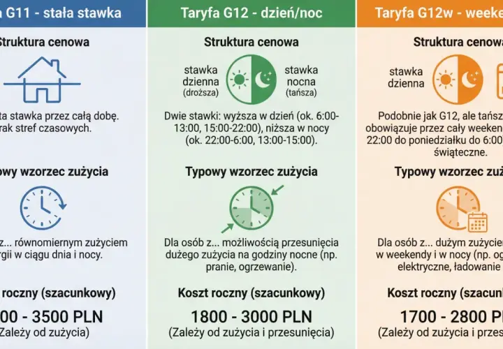 Porównanie taryf energii: G11 (stała), G12 (dzień/noc), G12w (weekendowa). Ukryte koszty transformacji energetycznej w nowych ustawach o odnawialnych źródłach mogą wpłynąć na te ceny.