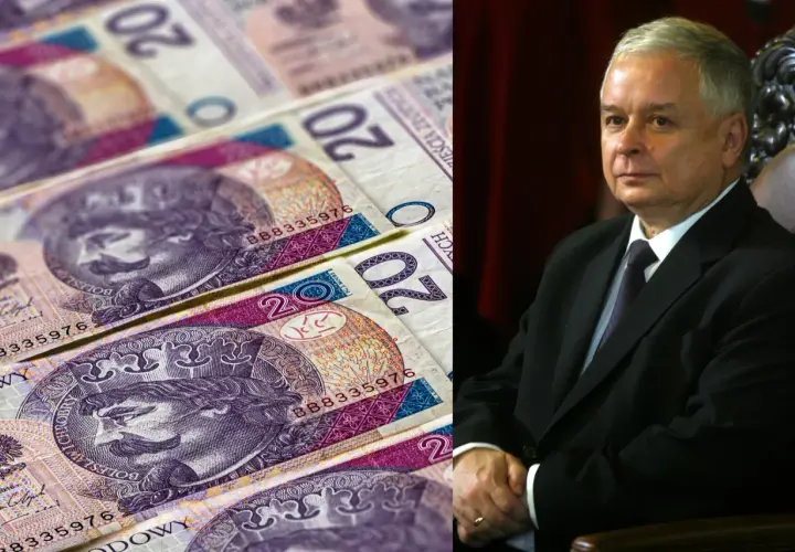 Polskie banknoty 20 zł i portret Jarosława Kaczyńskiego.