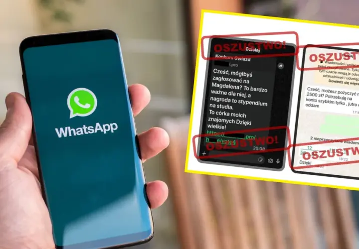Czy nowe przepisy o bezpieczeństwie sieciowym pozwolą na inwigilację komunikatorów? Na ekranie telefonu WhatsApp widać oszustwo - prośba o głosowanie i pożyczkę.