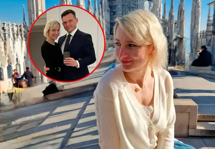 Kobieta z blond włosami na tle katedry. W okręgu para, która może być rodzicami. Nie wiadomo, ile dzieci ma Mentzen.