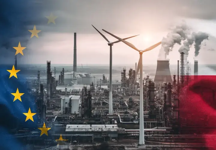 Prawda o nowym podatku węglowym CBAM od 2026: przemysł, wiatraki i flagi UE i Polski.
