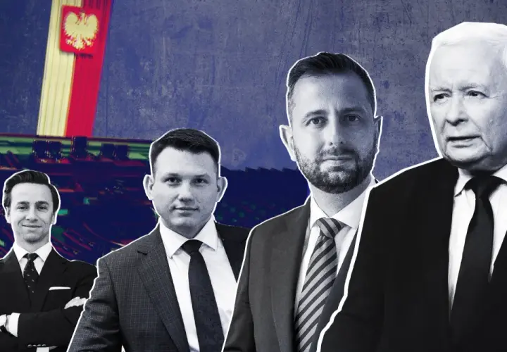 Czy Konfederacja faktycznie zamierza stworzyć koalicję z PiS po wyborach? Politycy na tle Sejmu i flagi Polski.