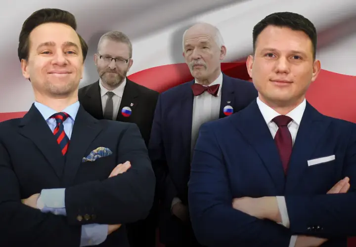 Konfederacja: prawdziwe powody dla których sprzeciwia się unijnemu systemowi kaucyjnemu. Politycy w garniturach na tle flagi Polski.