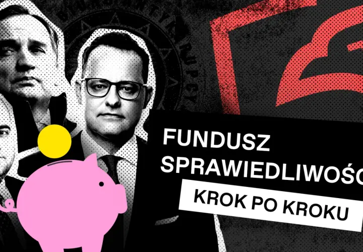 Posłowie chcą obniżyć wydatki na Fundusz Sprawiedliwości o 280 mln zł. Na grafice widać polityków i skarbonkę.