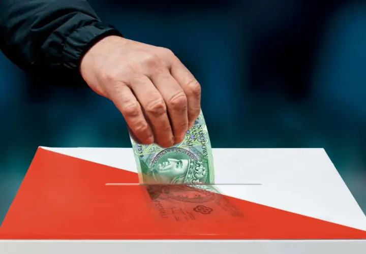 Dłoń wrzuca banknot 100 zł do urny w barwach narodowych.