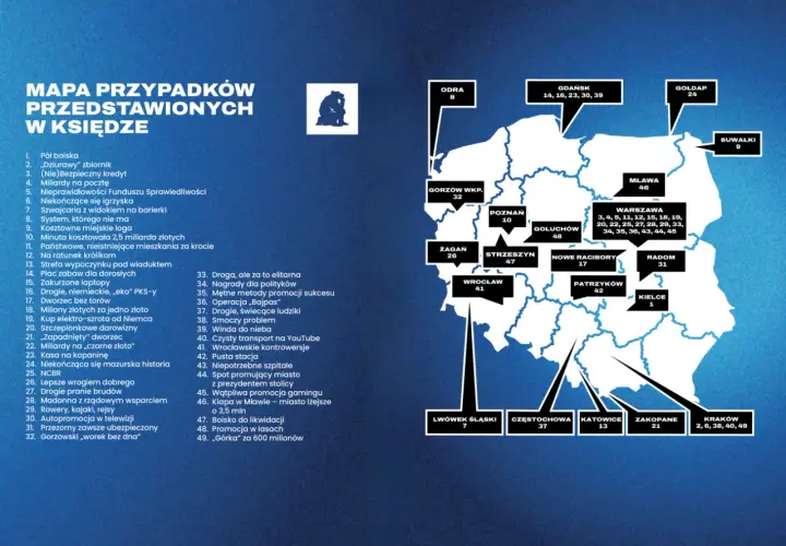 Mapa przypadków przedstawionych w księdze z zaznaczonymi miastami i numerami.