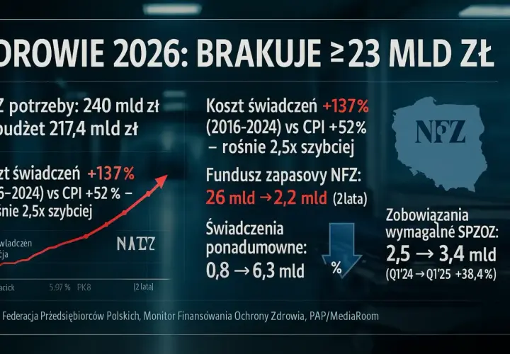 Budżet zdrowia 2026: brakuje 23 mld zł. PiS oskarża rząd o oszczędzanie na pacjentach, bo koszty świadczeń rosną 2,5x szybciej niż inflacja.