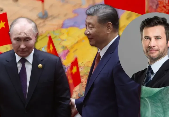 Krzysztof Bosak pyta, dlaczego debata o Chinach i Indiach jest ważniejsza niż o UE. Na tle mapy i flag Chin Putin i Xi Jinping.