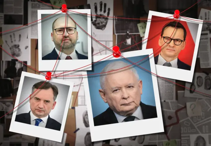 Śledztwo w sprawie: czy posłowie PiS będą musieli oddać pieniądze za prywatne loty służbowe? Na tablicy dowodowej zdjęcia polityków i tropy.