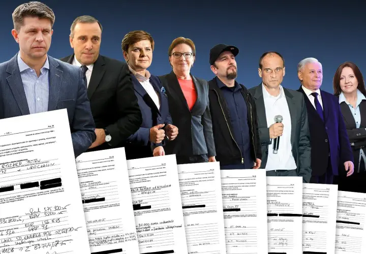 Grupa polityków na tle dokumentów finansowych.