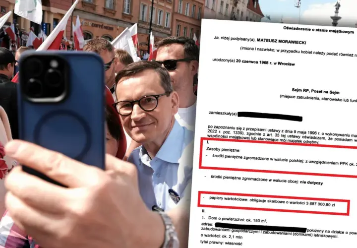 Mateusz Morawiecki na tle tłumu z polskimi flagami, obok fragment oświadczenia majątkowego, gdzie mieszka Mateusz Morawiecki.