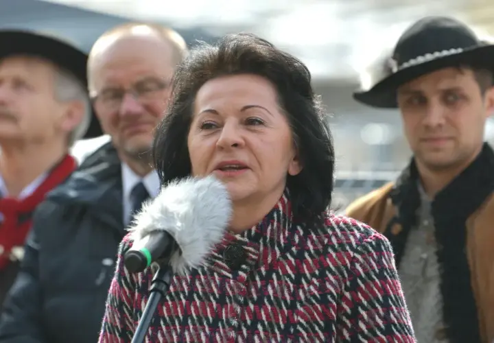 Kobieta przemawia do mikrofonu, w tle mężczyźni. Czy to ukryty majątek w nieruchomościach znanej posłanki Prawa i Sprawiedliwości?